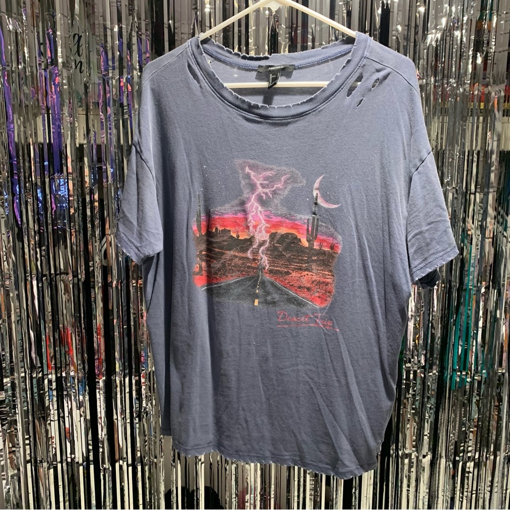 Forever 21 Blue Ripped T-Shirt Design Size L